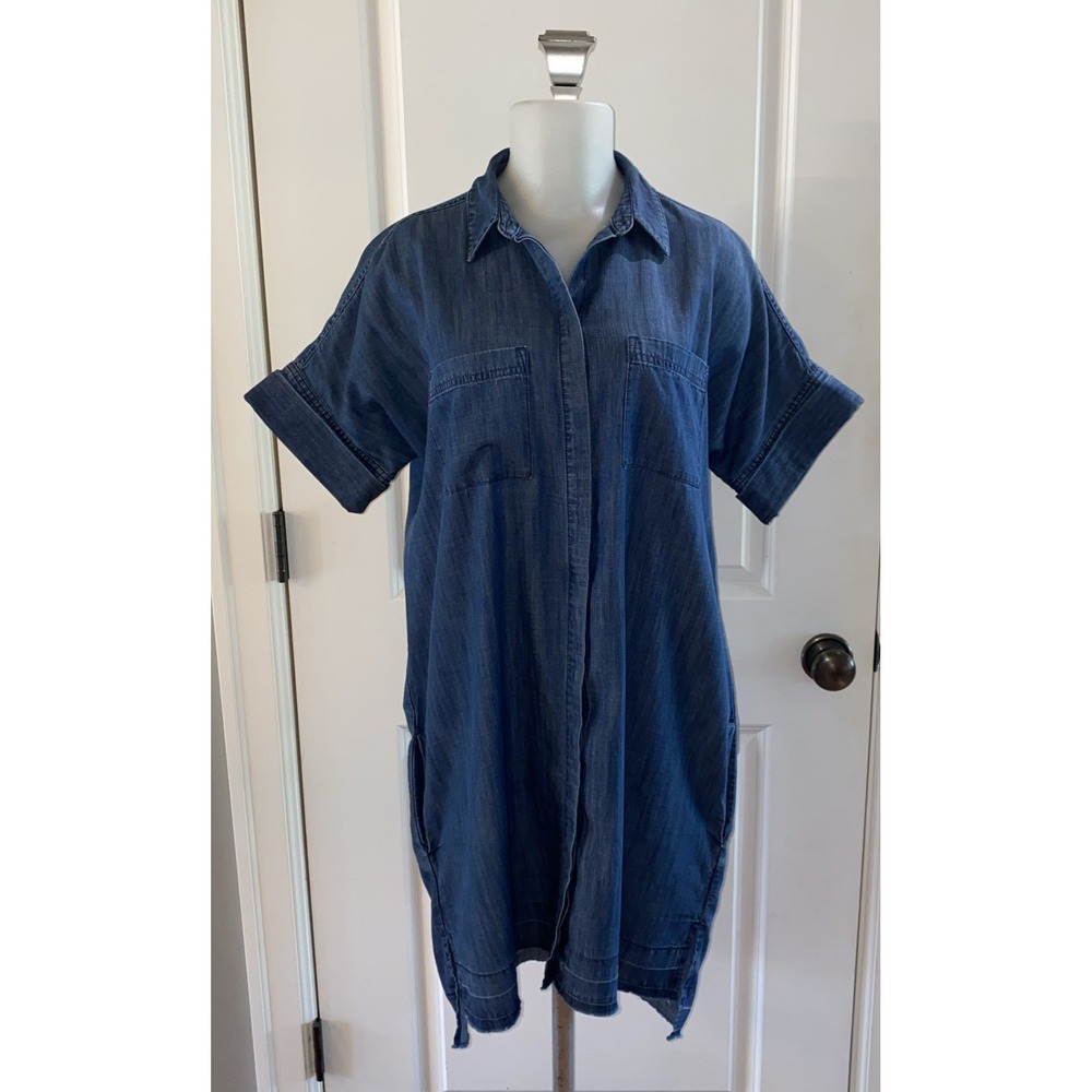 Madewell Denim Shirt Dress Raw Hem Short Sleeve Womens Medium Chambray Beach
